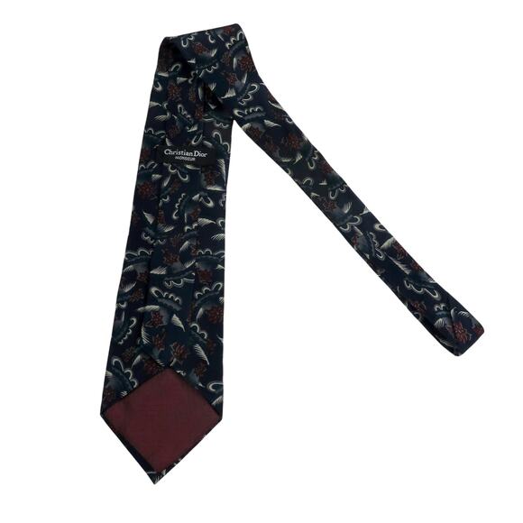 Christian Dior Monsieur Designer Neck Tie Blue & Burgundy Retro Floral Pattern - Picture 3 of 4